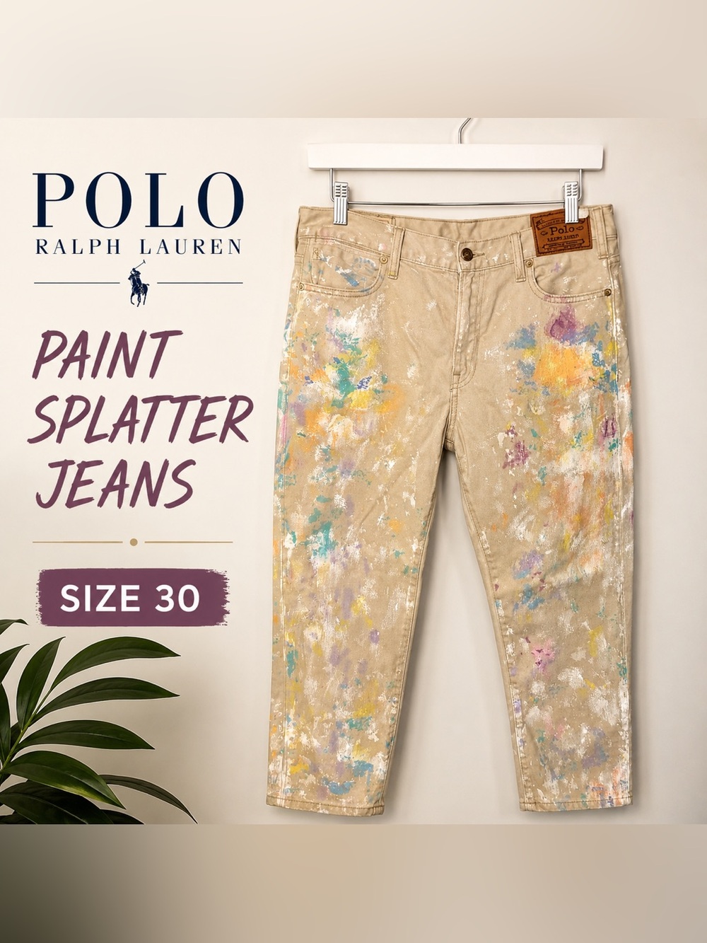 Polo Ralph Lauren Astor Slim Boyfriend Paint Splatter Jeans Size 30 Beige Denim